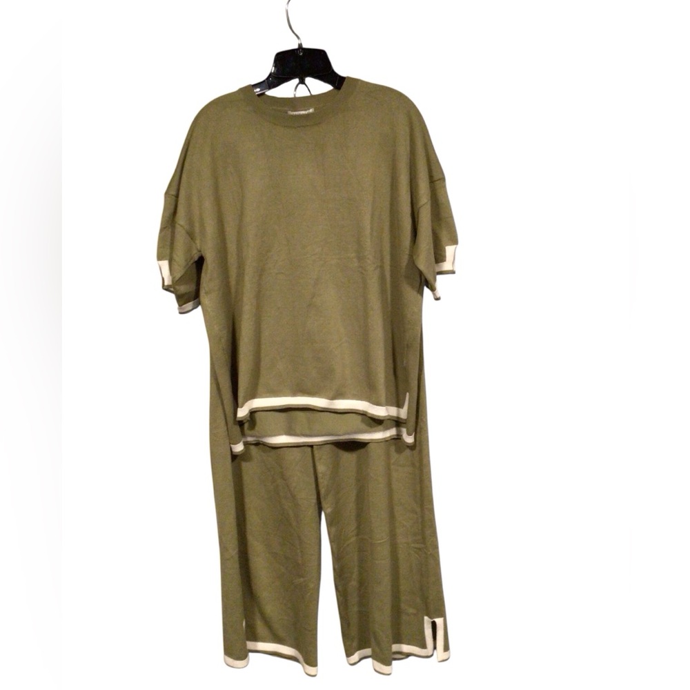 Ekouaer Women green 2 Piece Short Sleeve Sweater Top Wide Leg Long Pants size L